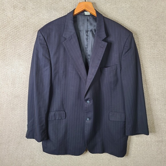 Jos A Bank Jacket Mens 50L Blue Striped Blazer Wool 2 Button Suit Coat Navy - Picture 1 of 13